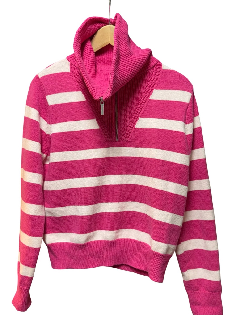 ON 34TH Pink White Striped Funnel Neck Quarter Zip Sweater Small Preppy Tennis